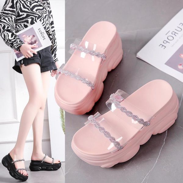 

slippers transparent shoes woman 2021 heeled mules pantofle glitter slides fashion shale female beach platform on a wedge high n, Black