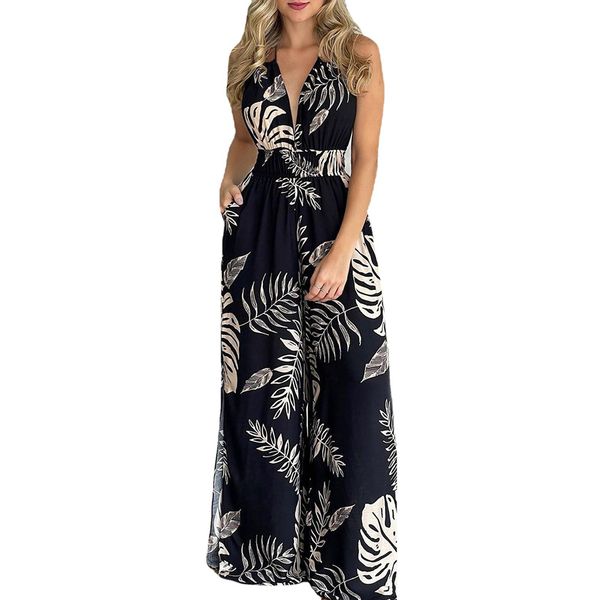 

2021 new european and american women's dress digital printing colorful jumpsuit, Black;white