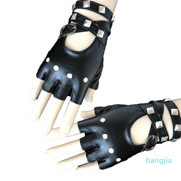 Schwarze PU -Leder -fingellose Handschuhe mit halben Finger fingern Frauen Männer motor Punk fünf Finger