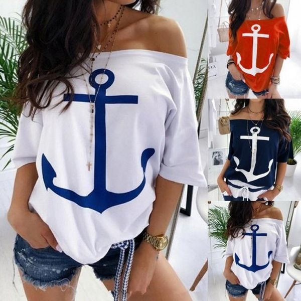 

2021 women take off the shoulder shirt summer twill neck bat sleeve shirt casual loose boat neck print short sleeve t-shirt wome, White