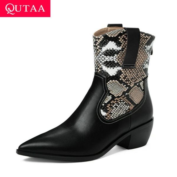 

boots qutaa 2021 autumn winter pointed toe short snakeskin pu fashion ankle square heel zipper women shoes big size 34-43, Black