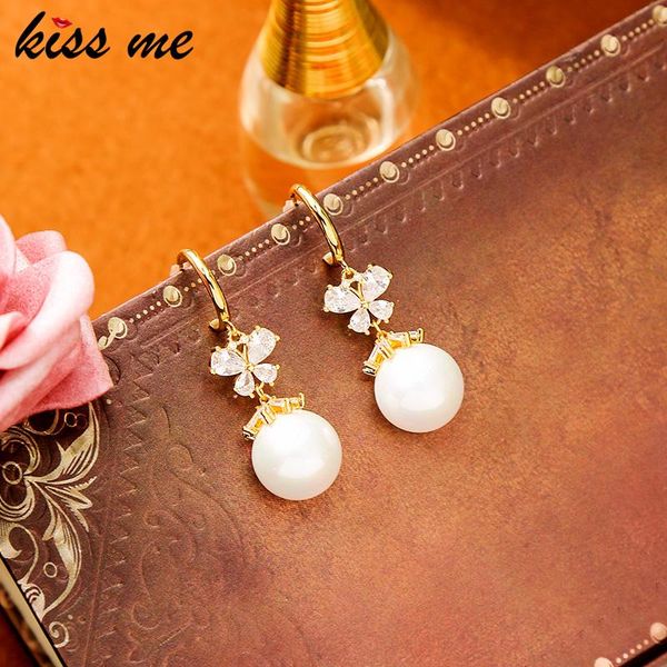 

dangle & chandelier kissme classic multicolor acrylic pearl drop earrings for women delicate zircon bowknot flower brass fashion jewelry, Silver