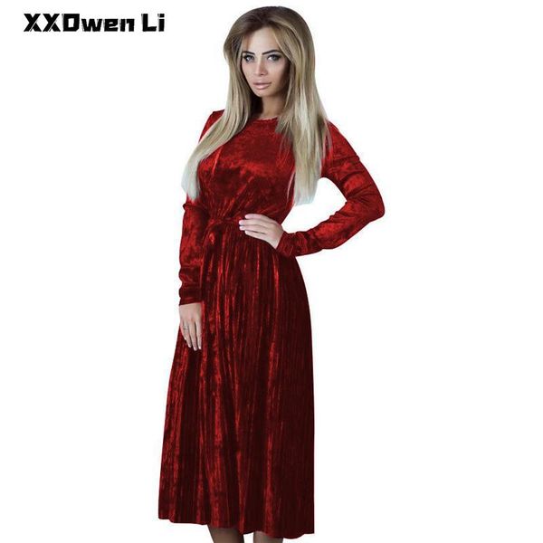 

casual dresses women vintage velvet long sleeve belt midi dress autumn solid pleated office lady bodycon robe femme, Black;gray