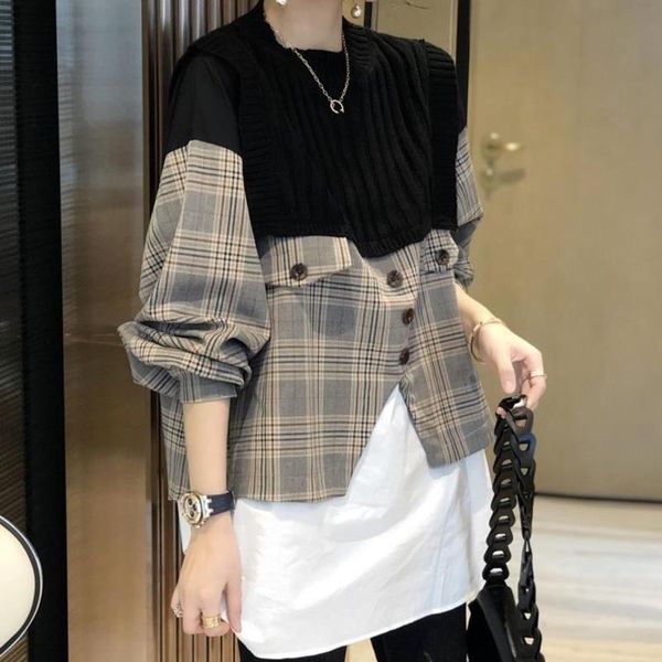 

women's jackets knit blouse fashion shirt [ewq] autumn plaid loose long-sleeved minimalist neck pullover 8q649 round patchwork office, Black;brown