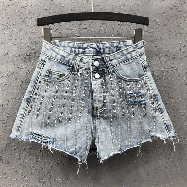 

women's shorts summer women female ripped hole rhinestone sequined striped denim , casual woman 2021 korean jeans, White;black