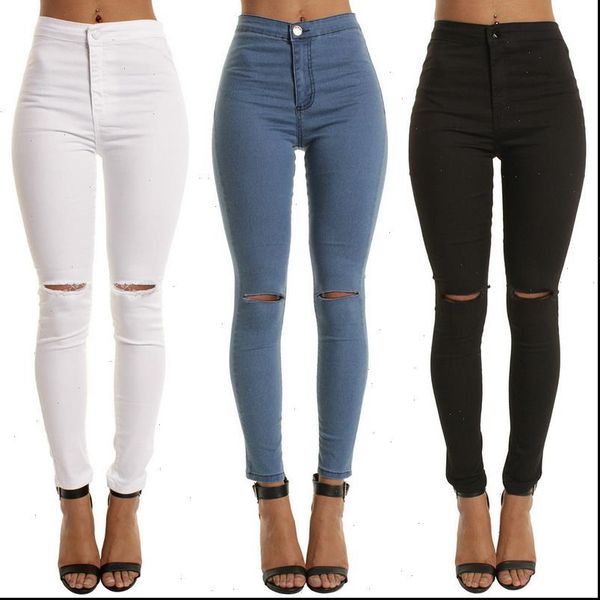 

high waist casual skinny jeans for women hole vintage girls slim ripped denim pencil pants high elasticity black blue