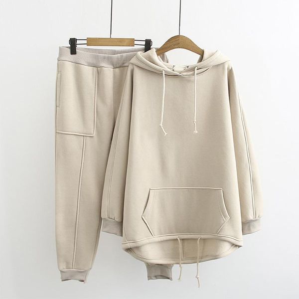 

women's two piece pants autumn thicker 2 pieces sets for women long sleeve drawstring pocket hoodie and elastic waist cropped pant soli, White