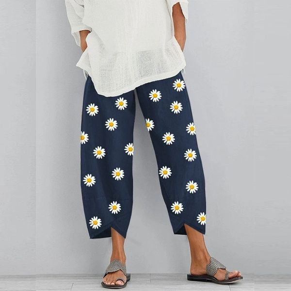 

2021 new cotton hemp daisy printed women's capris loose split pants, Black