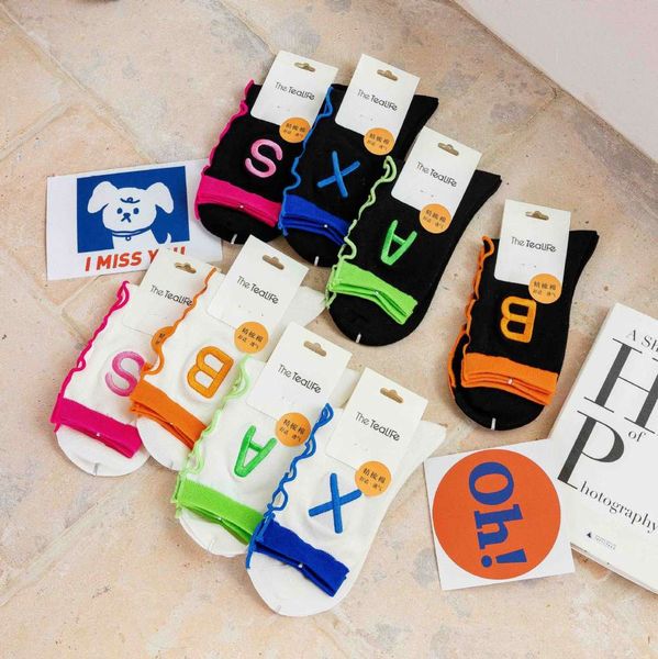 

socks children light luxury gentle edge tide tube black and white embroidery simple letter cotton socks, Black;white