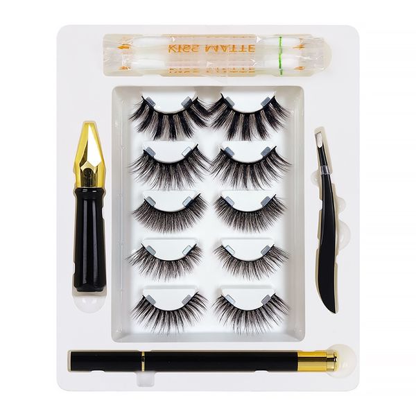 

new arrival magnetic eyeliner & eyelashes kit handmade thick natural 5 pairs fake lashes set with magnet self-adhesive eyeliner tweezer
