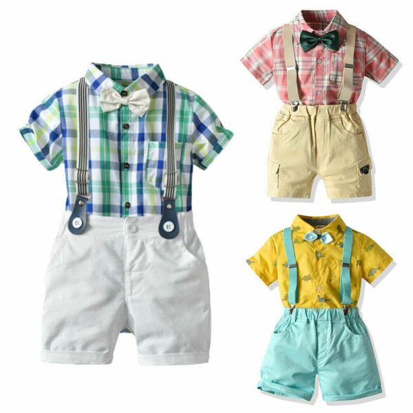 

2021 infant kid baby boys clothes sets plaid print gentleman t-shirt shorts pants outfits set, White