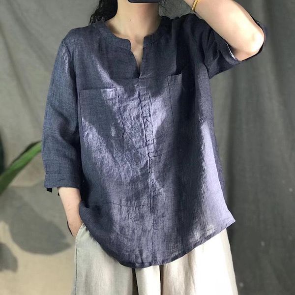 

women's blouses & shirts qpfjqd ladies loose solid color v neck linen blouse half sleeve women 2021 flax simple summer shirt, White
