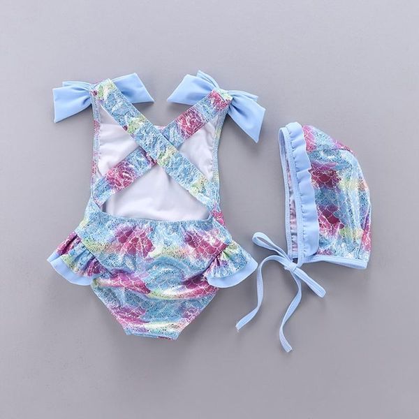 

one-piece suits kids girls monokini swimsuit with swim set rainbow fish scales printed swimwear sleeveless bow ruffles bathing suit 24bd
