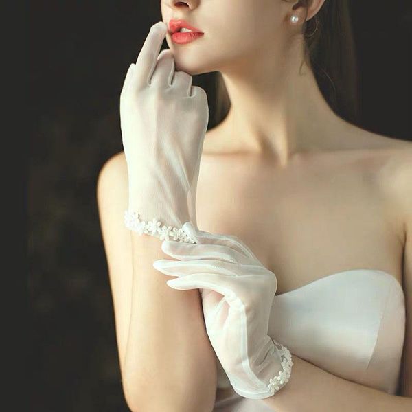 

bridal gloves women ivory tulle sheer bride wedding dress flower full finger evening party accessories girl lady mittens, White