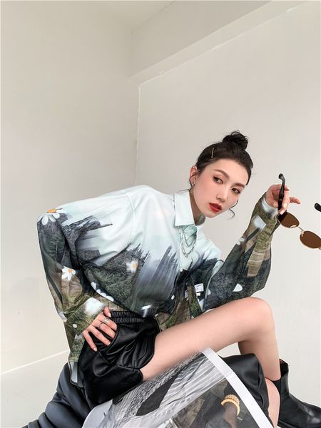 

2021 new forest print oversized women long sleeve and bloues blue green button up shirt daisy floral blouse clothes s16q, White