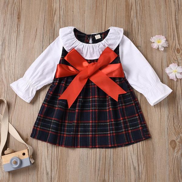 

girl's dresses 2021 born infant baby girls dress long sleeve o-neck plaid patchwork bowknot soft princess 12m-5t, Red;yellow