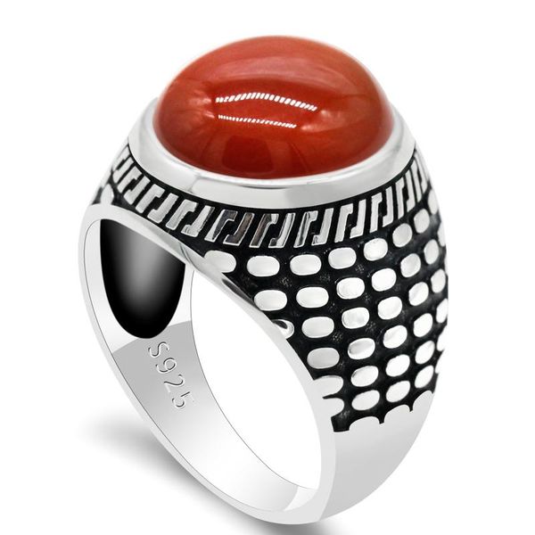 

cluster rings men's ring 925 sterling silver wtih round natural red agate stone male onyx turkish punk rock thai jewelry gift, Golden;silver