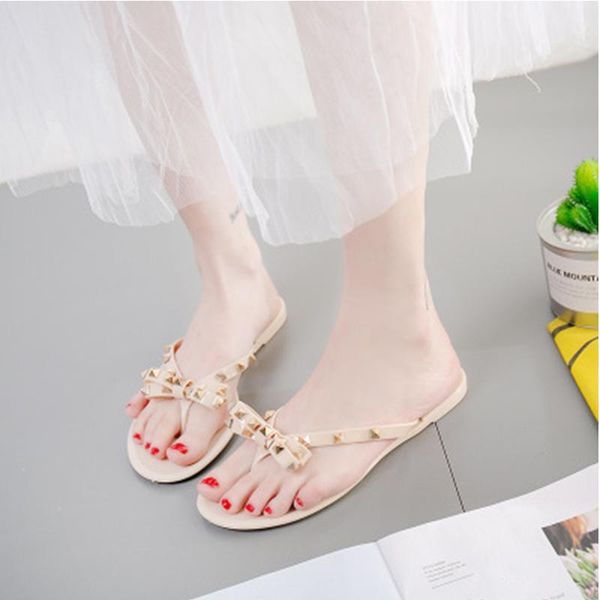 

slippers 2021 summer beach transparent woman fashion women casual bowtie rivet flip flops ladies crystal female jelly shoes, Black