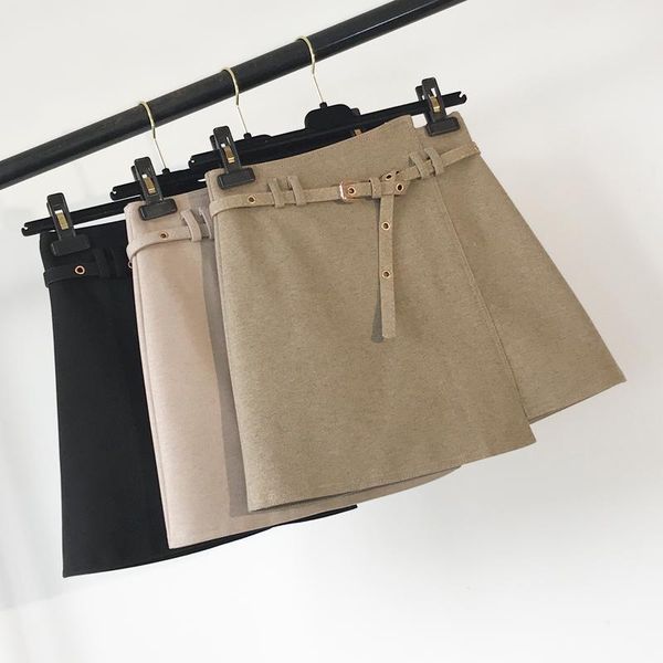 

skirts wool blend skirt female autumn winter 2021 high waist irregular short womens open fork with belt a-line mini, Black