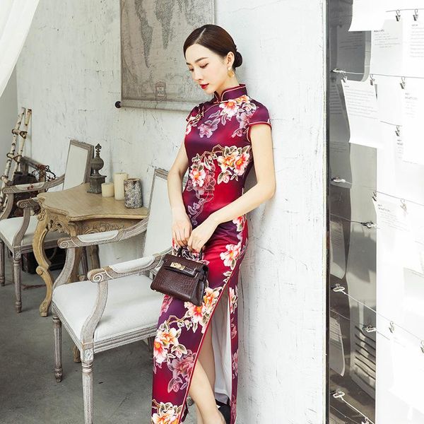 

ethnic clothing satin print elegant chinese dress slim side split cheongsams vintage oriental party formal gown short sleeve classic qi, Red