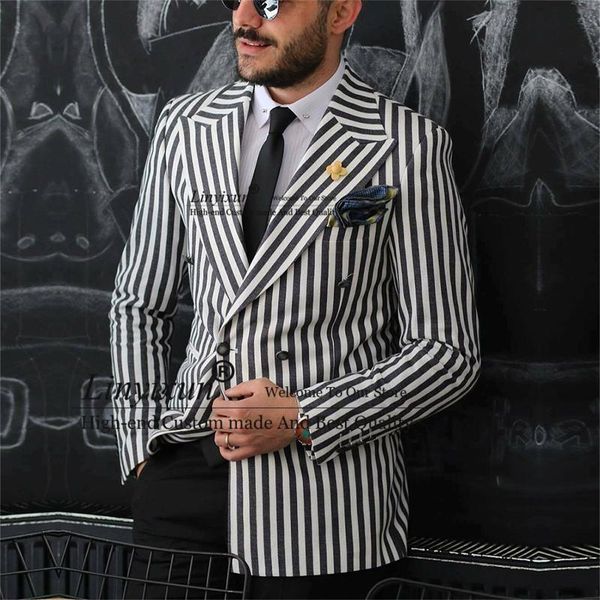 

men's suits & blazers traje hombre black&white striped peaked lapel men slim fit checked groom tuxedo 2 pieces male prom party terno ma, White;black