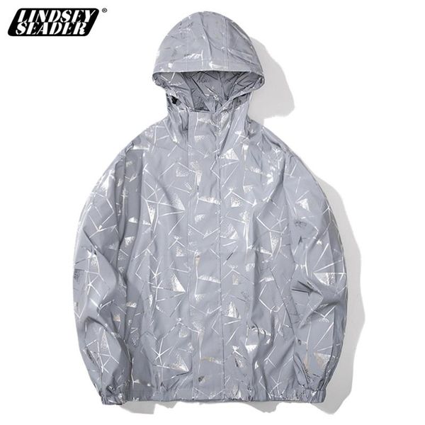 

men's jackets 2021 long sleeved reflective jacket men women harajuku windbreaker hooded hip-hop streetwear night shiny zipper coats, Black;brown