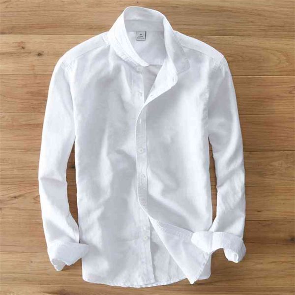 Mola e Outono Homens Marca de Moda Japão Estilo Slim Fit algodão Linho de Manga Longa Camisa Masculina Casual Branco Importação Roupa 210809