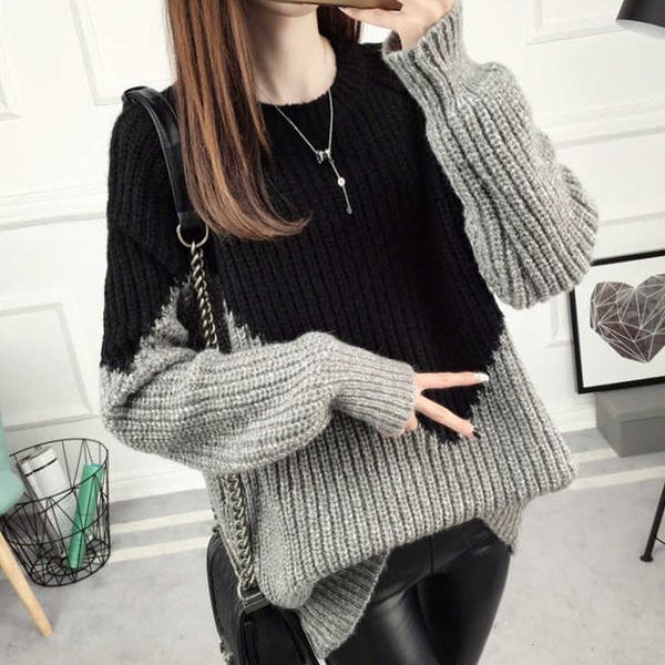 

2021 new women's winter long sleeve casual round neck sweater weum, White;black