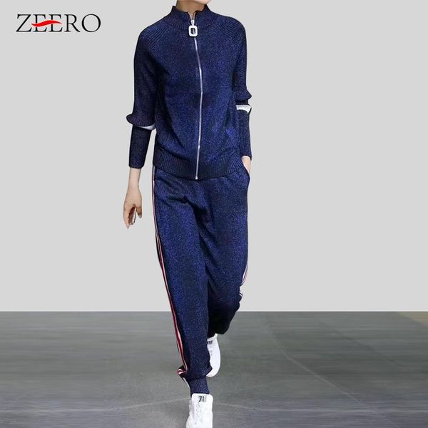

two piece dress autumn 2021 2 sets fashion womens zipper shining knitted cardigans +striped pant suit sportswear female tracksuit outfits, White