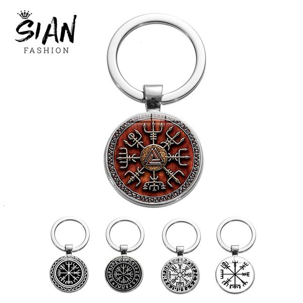 

sian new viking compass keychain ancient trinity nordic runes odin symbol art pattern time gem keyring car key chain men jewelry, Silver