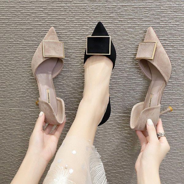 

dress shoes high heels women 2021 stiletto summer net red french temperament hollow pointed single female mid-heel women's, Black