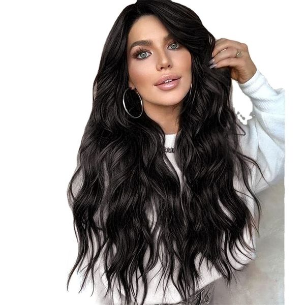 

head women's long curly set big wave small lace fluffy water wavy wig, Black