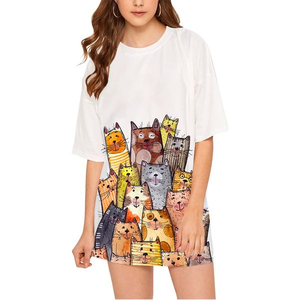 

cloocl white cute cartoon cat 3d fashion women oversize t shirt printed tee casual