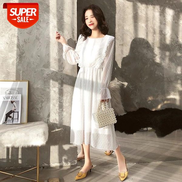 

ruffles polka dot women chiffon dress elastic waist flare sleeve female long vestidos a-line white dress 2019 #3o9z, Black;gray