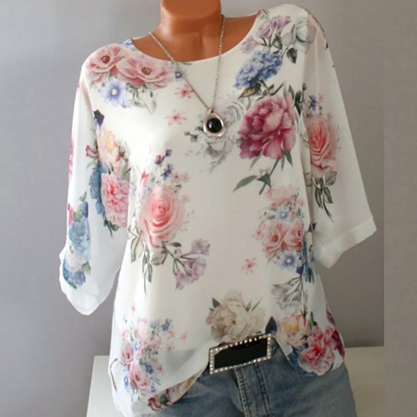 

summer floral print women blouse 5xl plus size chiffon blouses half sleeve beach shirt office work shirts blusas feminina, White