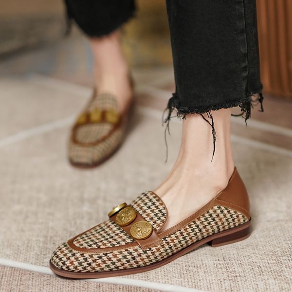 

Womens genuine leather bordered fabric patchwork slip-on flats loafers leisure soft comfortable moccasin daily casual shoes hotDress Shoes, Brown