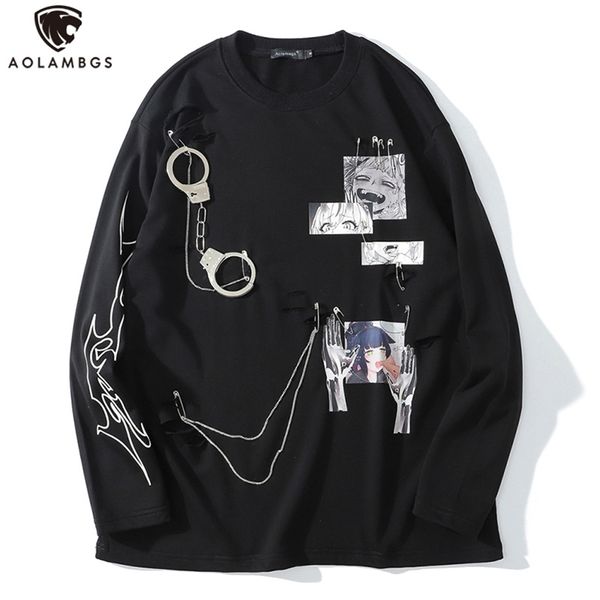 AOLAMEGS Comics Anime Manga Illustration Gancho e Loop Fastener Chain Design Fino Sweatshirt Streetwear Homens High Street Pullover 210818