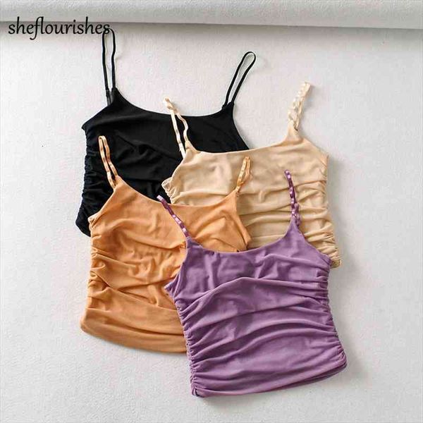 

crop solid women tank summer spaghetti strap u neck backless ruched camis purple beige mesh, White