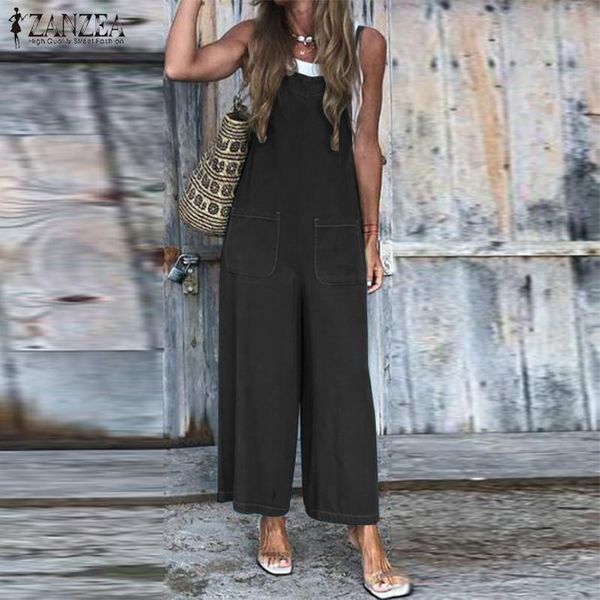 

women's jumpsuits & rompers 2021 zanzea wide leg vintage linen overalls female strap patchwork playsuits summer pants plus size, Black;white