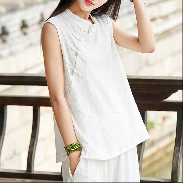 

2021 summer new tanks sleeveless o neck chinese style button women solid color vintage pullover cotton linen tanks, White