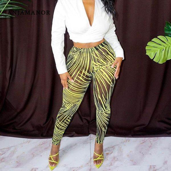 

women's leggings anjamanor sheer mesh printed tights women fashion see through high waist pencil pants clubwear d82-bb12, Black
