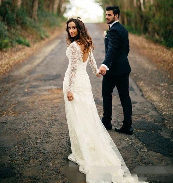 

vintage country lace mermaid wedding dresses long sleeve 2021 backless v-neck boho beach bride dress long wedding gowns vestidos, White