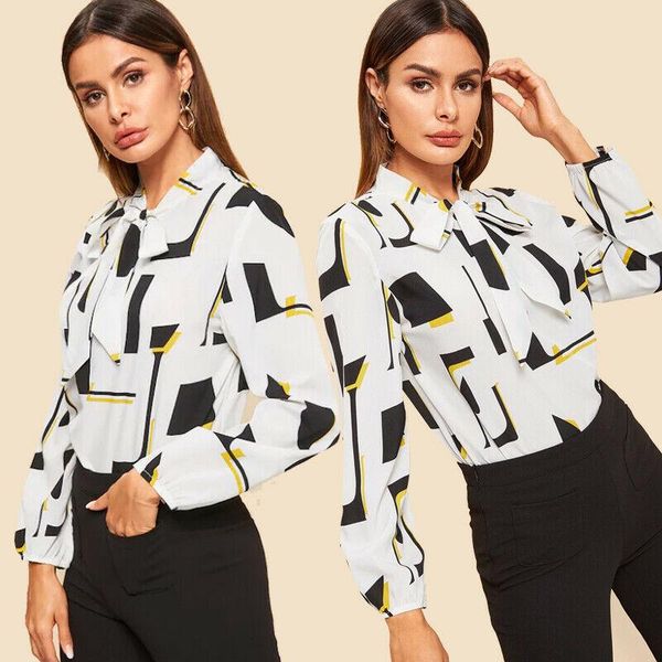 

women's ladies elegant long sleeve geometric printed loose blouse female femme bow tie shirt office lady bow collar shirts, White