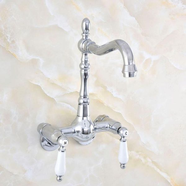 

bathroom sink faucets silver chrome two handle 2 hole kitchen basin faucet mixer tap swivel spout 360' wall - adjusts from 3-3/8"