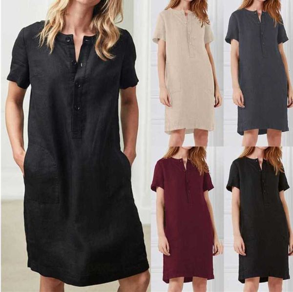 

loose large short sleeve button cotton linen dress, Black;gray