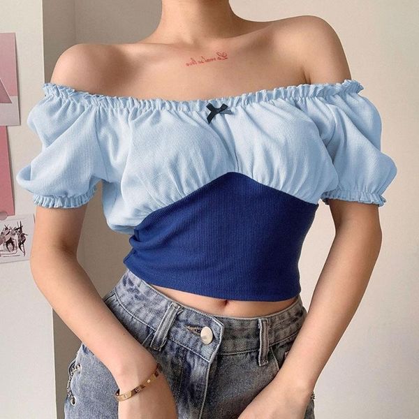 

women's t-shirt summer 2021 contrast color rib square neck short sleeve cute patchwork knitted, White