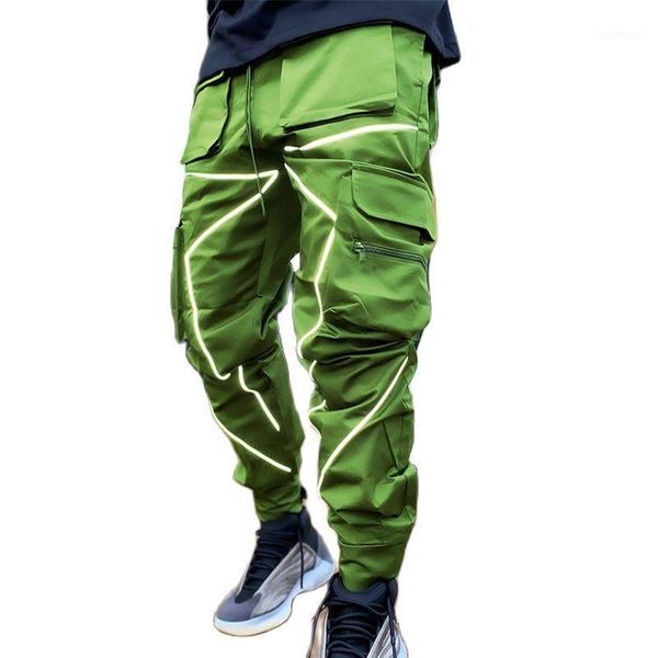 

fashion fluorescence joggers men hip hop cargo pants zipper multi-pockets elastic waist trousers outdoor running long men's, Black