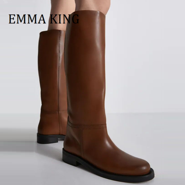 

boots women flat knee-high leather round toe thick sole long female casual winter party shoes cowboy knight botas mujer, Black