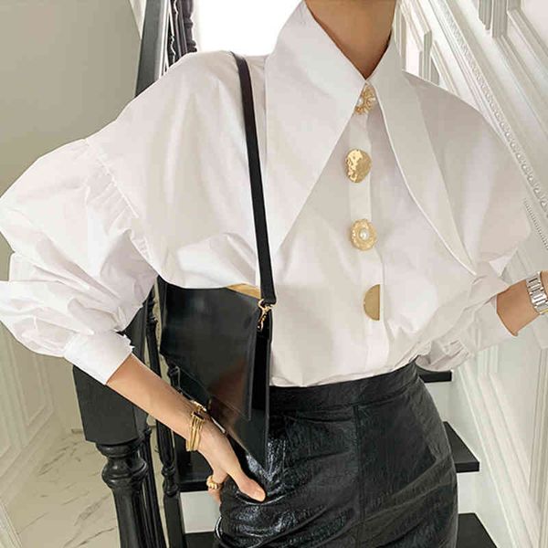 

women's blouses & shirts [ewq] minimum female baggy shirt, autumn shirt with a pointed collar, long sleeve, flashlight style, plain and, White