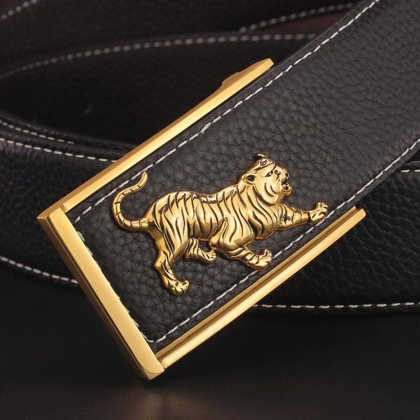 

belts slide buckle tiger belt men cow genuine leather 3.8cm wide golden waist strap fashion cintos masculinos black cowskin casual, Black;brown